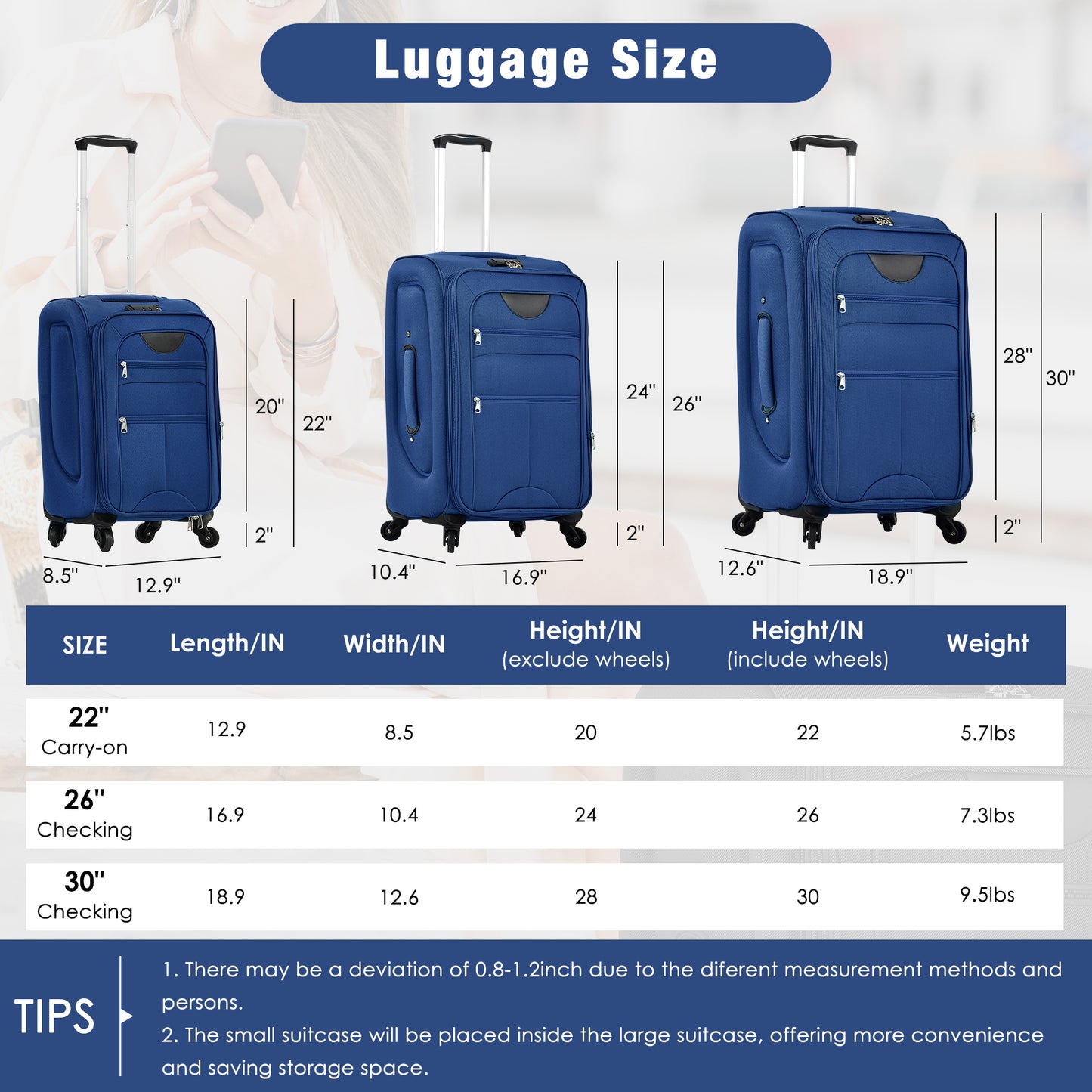 Softside Luggage Expandable 3 Piece Set Suitcase With Duffel Bag Upright Spinner Softshell Lightweight Luggage Travel Set-22-26-30 IN