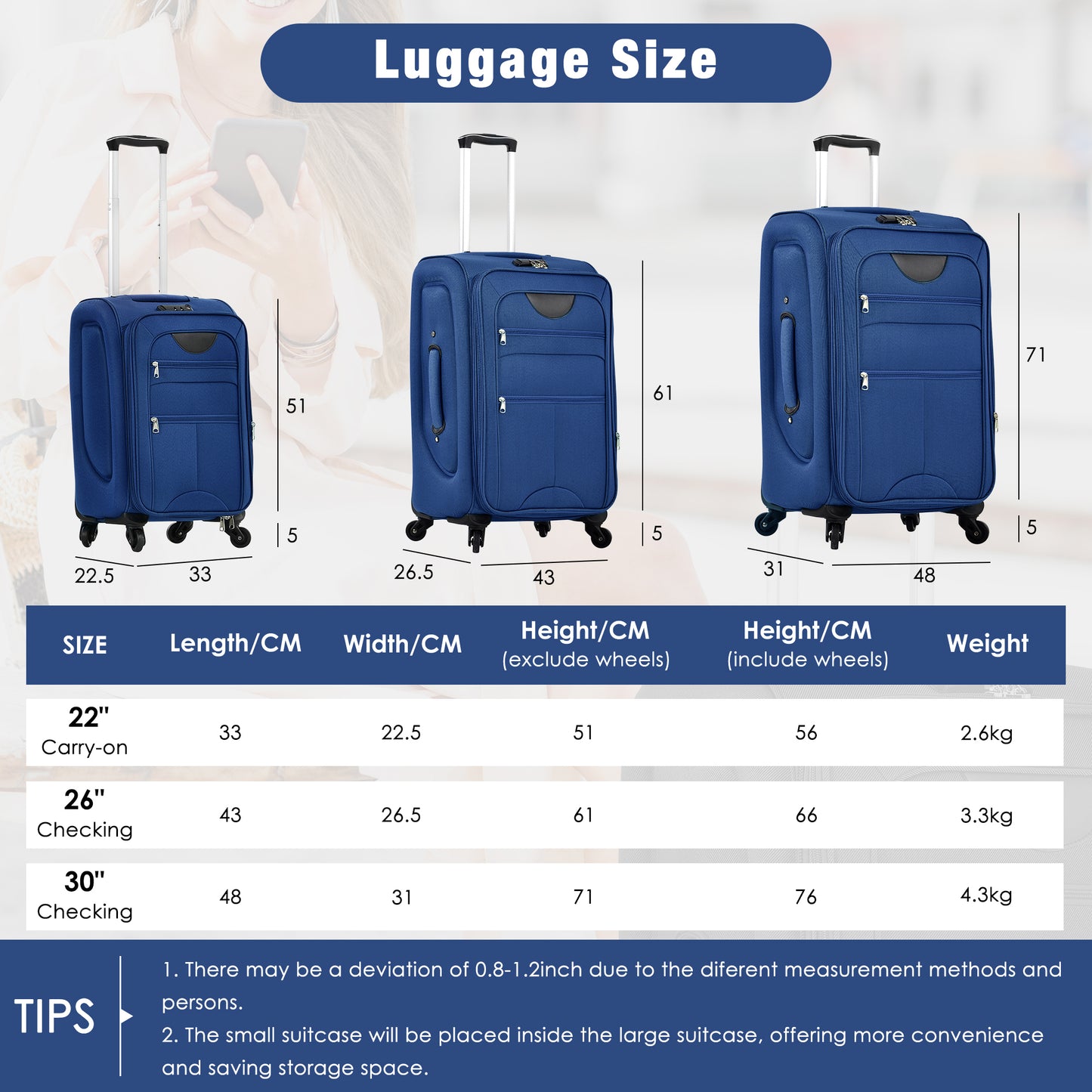 Softside Luggage Expandable 3 Piece Set Suitcase With Duffel Bag Upright Spinner Softshell Lightweight Luggage Travel Set-22-26-30 IN