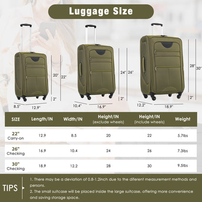 Softside Luggage Expandable 3 Piece Set Suitcase Upright Spinner Softshell Lightweight Luggage Travel Set-22-26-30 Inches