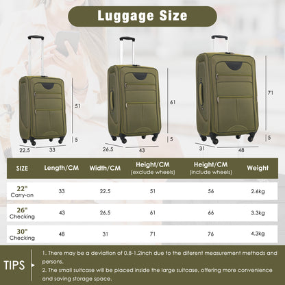 Softside Luggage Expandable 3 Piece Set Suitcase Upright Spinner Softshell Lightweight Luggage Travel Set-22-26-30 Inches